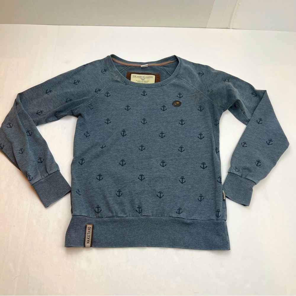 Naketano The Poet’s Choice Womens Crewneck Sweatshirt Medium Blue Anchor *FLAW‎